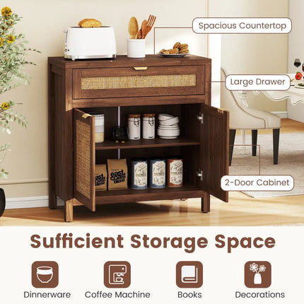 Sideboard Storage Cabinet with Rattan Doors and Drawer-Brown - Brown - Sideboards Cabinets & Buffets