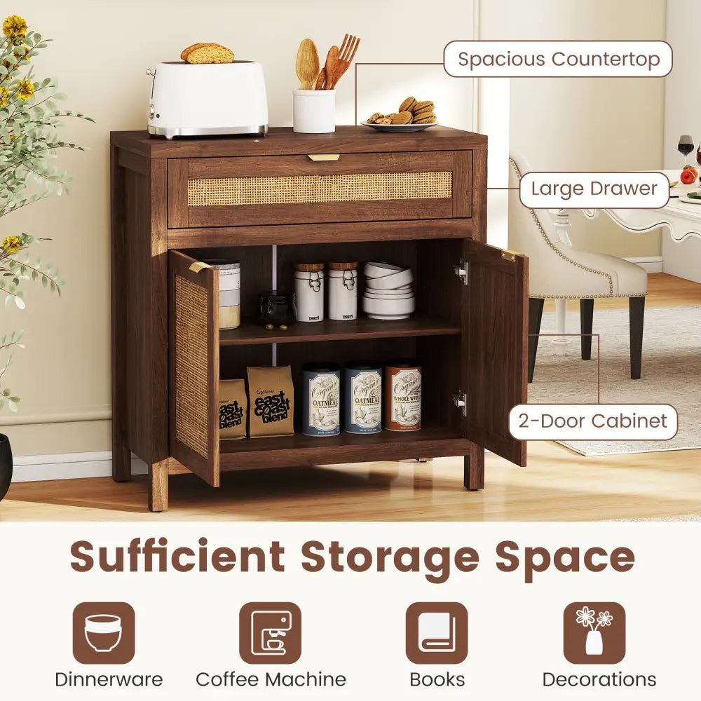 Sideboard Storage Cabinet with Rattan Doors and Drawer-Brown - Brown - Sideboards Cabinets & Buffets