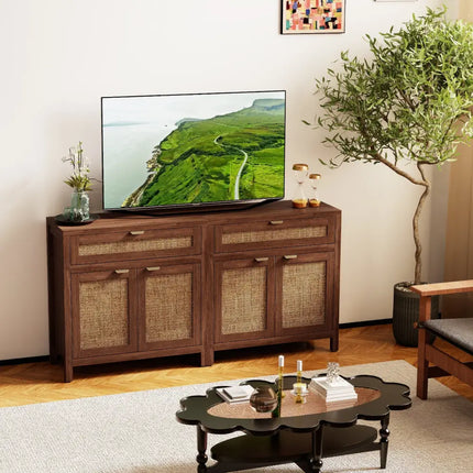 Sideboard Storage Cabinet with Rattan Doors and Drawer-Brown - Brown - Sideboards Cabinets & Buffets
