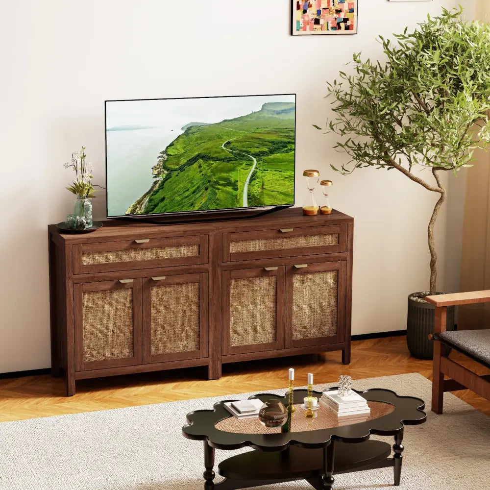 Sideboard Storage Cabinet with Rattan Doors and Drawer-Brown - Brown - Sideboards Cabinets & Buffets