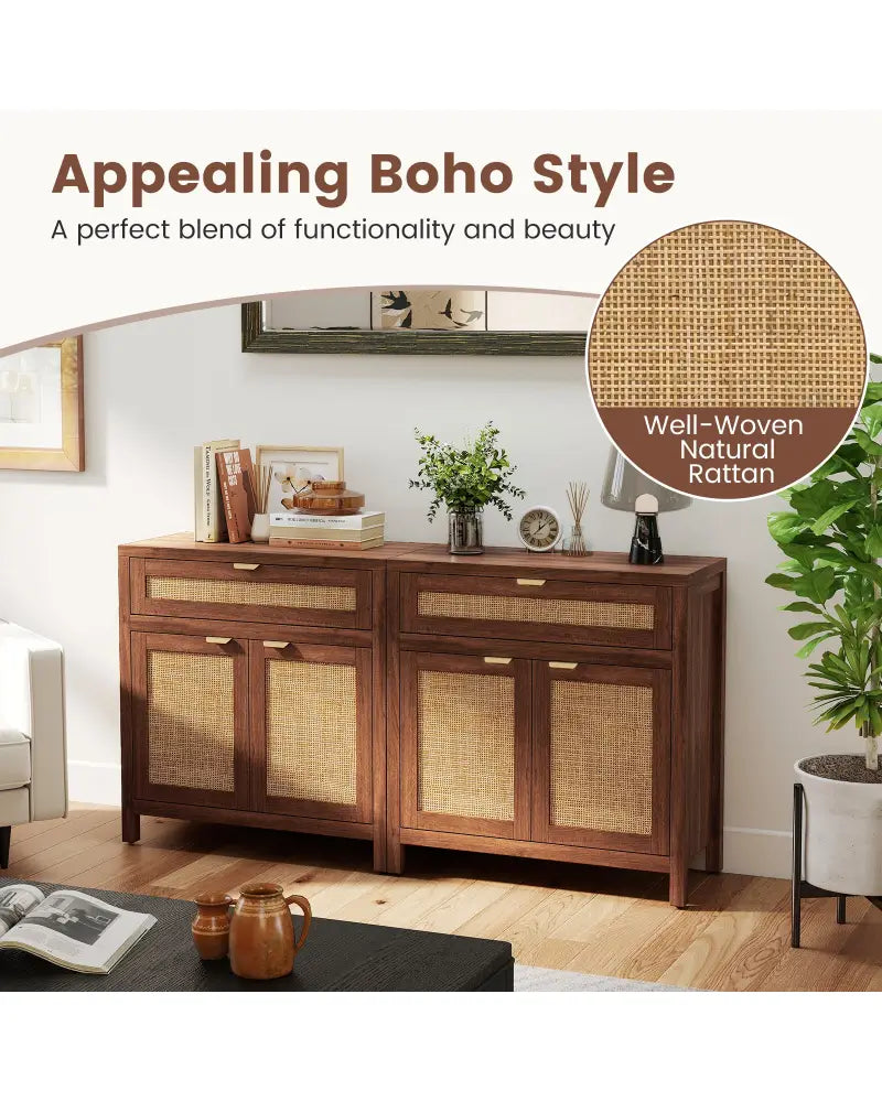 Sideboard Storage Cabinet with Rattan Doors and Drawer-Brown - Brown - Sideboards Cabinets & Buffets