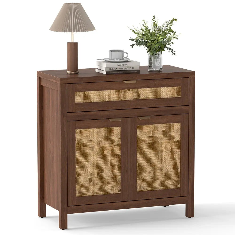Sideboard Storage Cabinet with Rattan Doors and Drawer-Brown - Brown - Sideboards Cabinets & Buffets