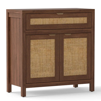 Sideboard Storage Cabinet with Rattan Doors and Drawer-Brown - Brown - Sideboards Cabinets & Buffets