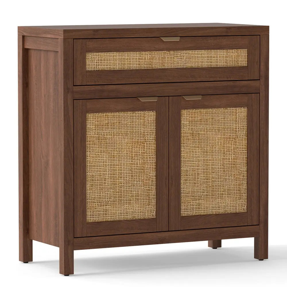 Sideboard Storage Cabinet with Rattan Doors and Drawer-Brown - Brown - Sideboards Cabinets & Buffets