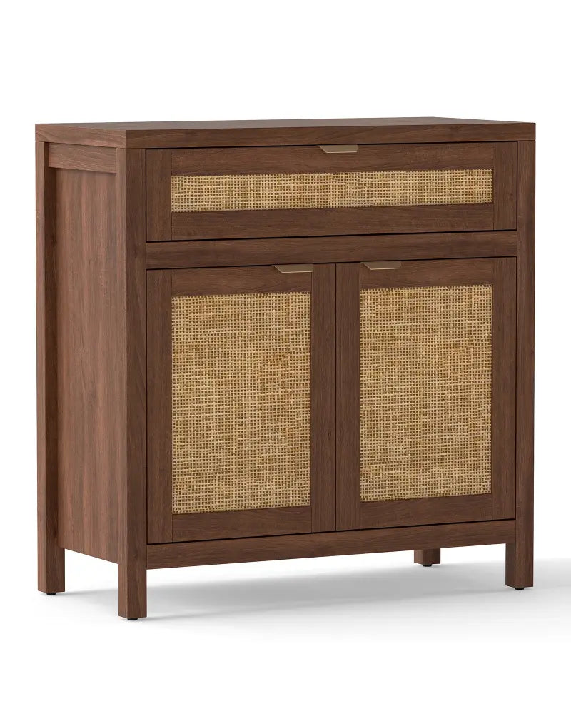 Sideboard Storage Cabinet with Rattan Doors and Drawer-Brown - Brown - Sideboards Cabinets & Buffets