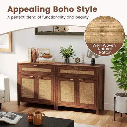 Sideboard Storage Cabinet with Rattan Doors and Drawer-Brown - Brown - Sideboards Cabinets & Buffets