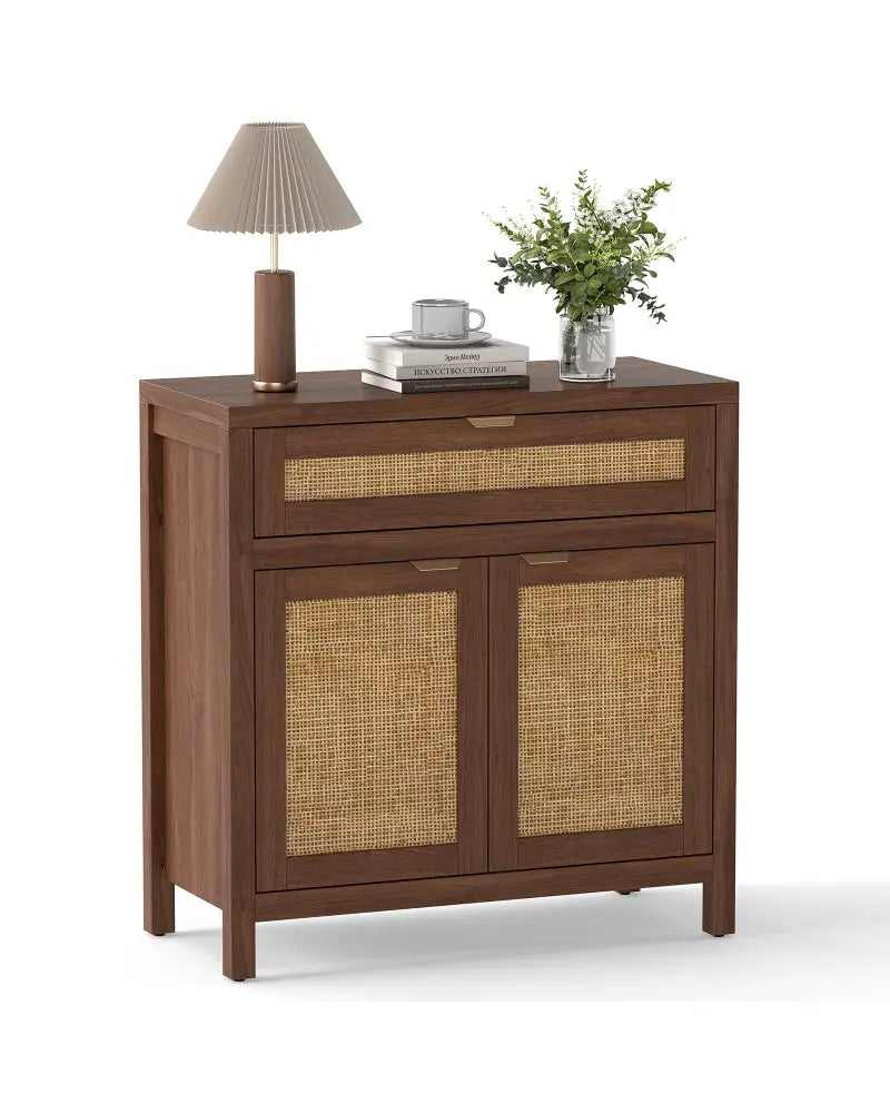 Sideboard Storage Cabinet with Rattan Doors and Drawer-Brown - Brown - Sideboards Cabinets & Buffets