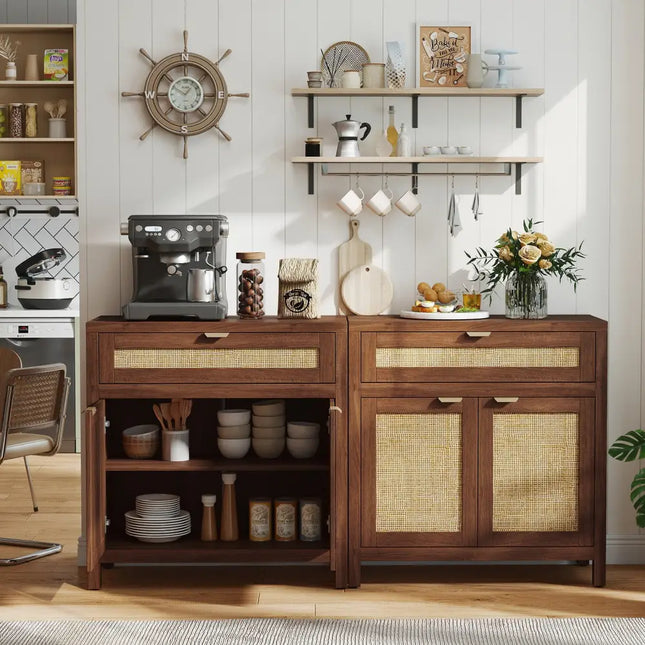 Sideboard Storage Cabinet with Rattan Doors and Drawer-Brown - Brown - Sideboards Cabinets & Buffets
