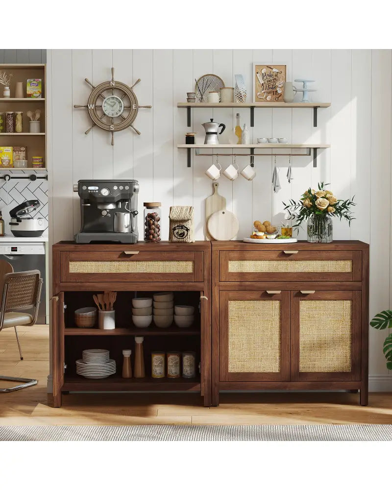 Sideboard Storage Cabinet with Rattan Doors and Drawer-Brown - Brown - Sideboards Cabinets & Buffets