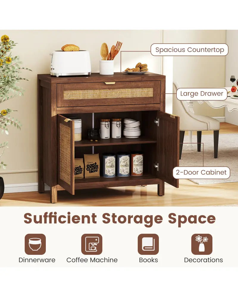 Sideboard Storage Cabinet with Rattan Doors and Drawer-Brown - Brown - Sideboards Cabinets & Buffets
