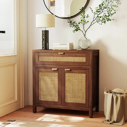 Sideboard Storage Cabinet with Rattan Doors and Drawer-Brown - Brown - Sideboards Cabinets & Buffets