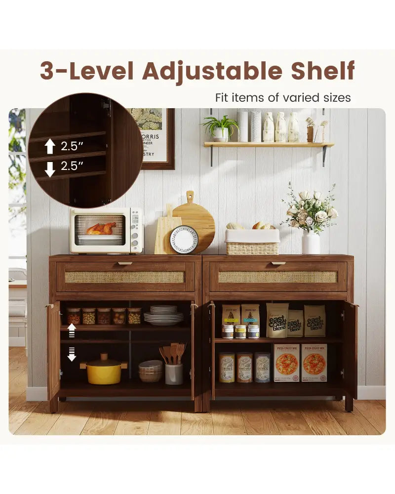 Sideboard Storage Cabinet with Rattan Doors and Drawer-Brown - Brown - Sideboards Cabinets & Buffets