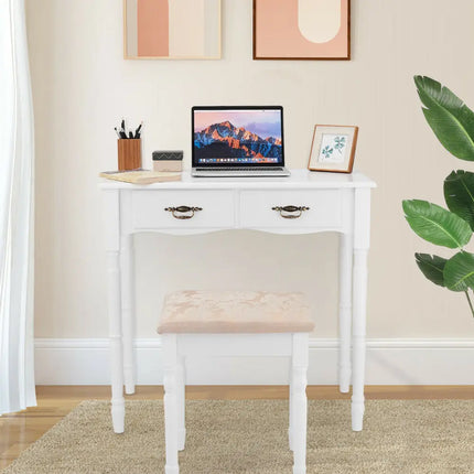 Simple Vanity Set with Tri-Folding Mirror Drawers and Storage Shelf-White - White - Makeup Vanities