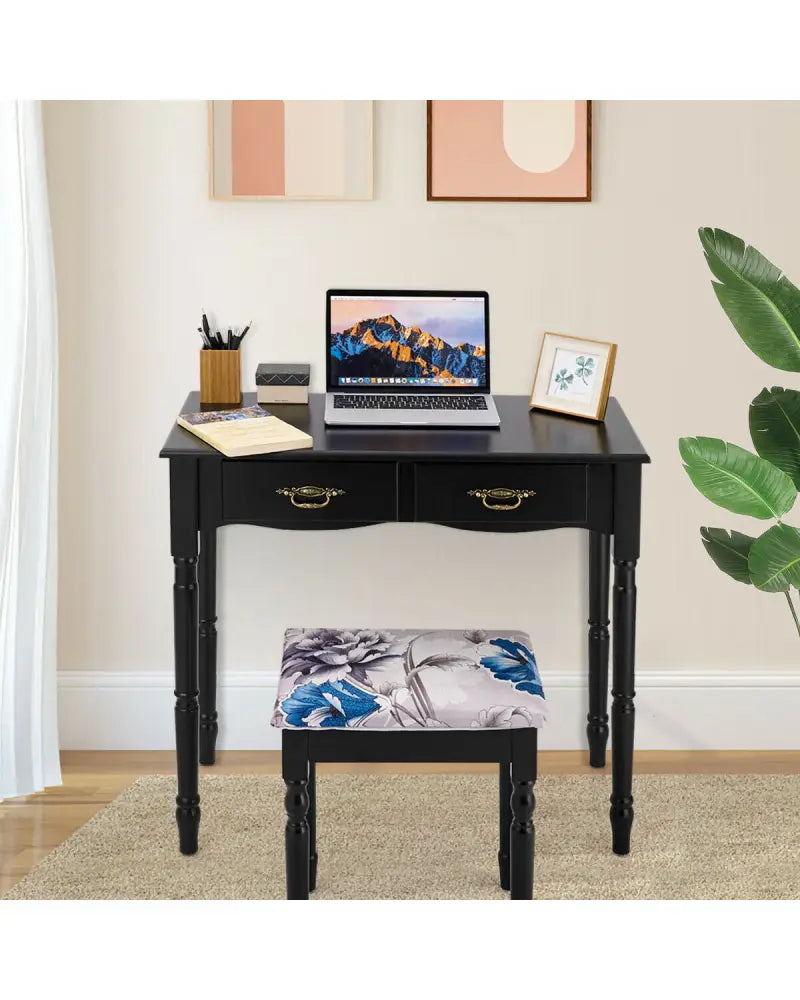 Simple Vanity Set with Tri-Folding Mirror Drawers and Storage Shelf-Black - Black - Makeup Vanities