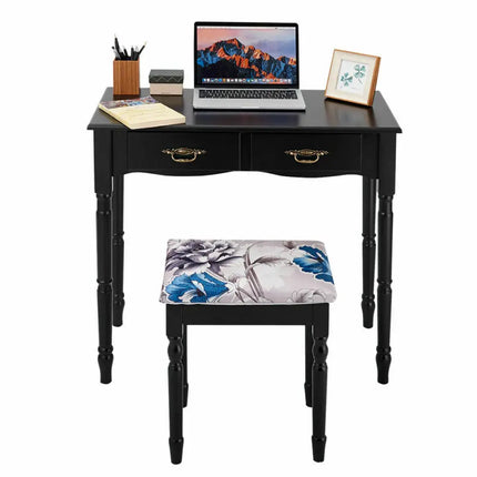 Simple Vanity Set with Tri-Folding Mirror Drawers and Storage Shelf-Black - Black - Makeup Vanities