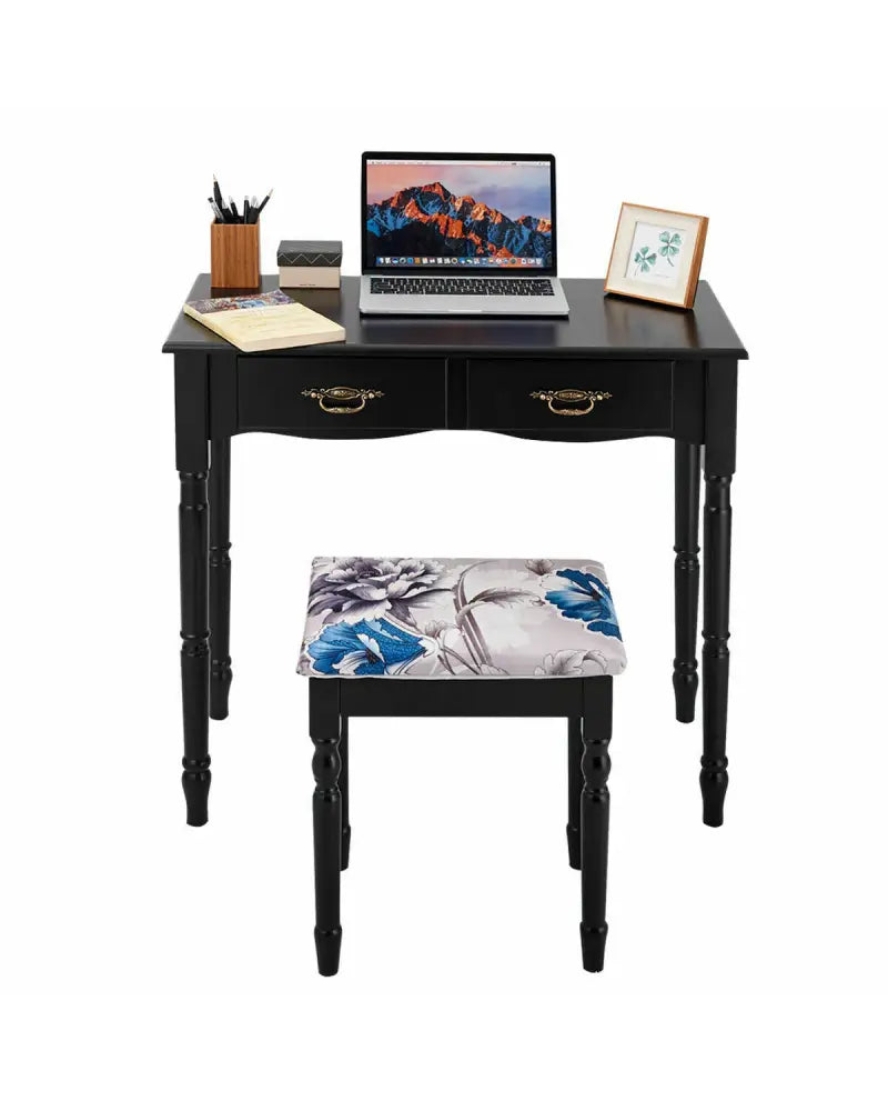 Simple Vanity Set with Tri-Folding Mirror Drawers and Storage Shelf-Black - Black - Makeup Vanities