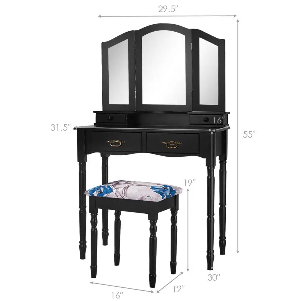 Simple Vanity Set with Tri-Folding Mirror Drawers and Storage Shelf-Black - Black - Makeup Vanities