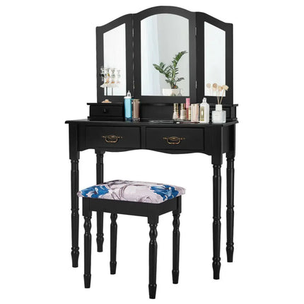 Simple Vanity Set with Tri-Folding Mirror Drawers and Storage Shelf-Black - Black - Makeup Vanities