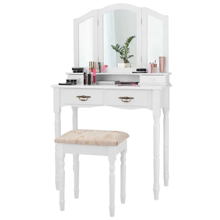 Simple Vanity Set with Tri-Folding Mirror Drawers and Storage Shelf-White - White - Makeup Vanities