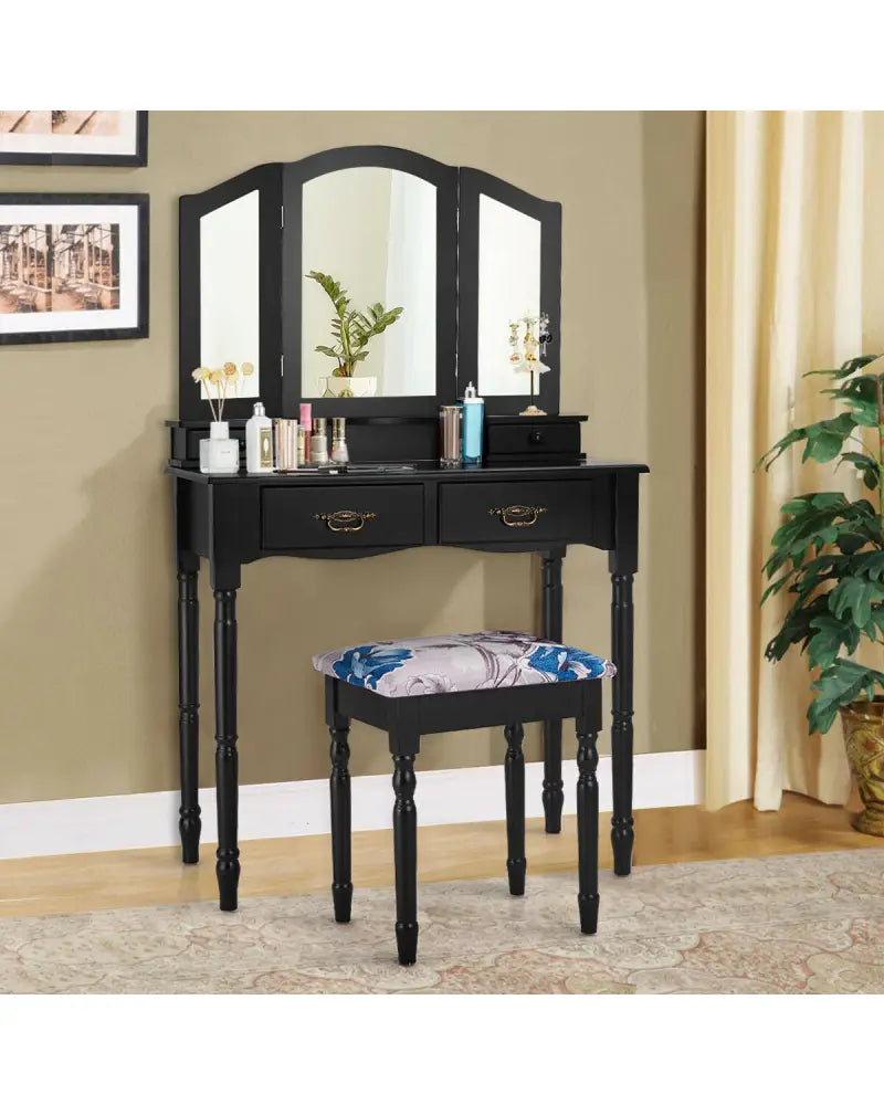 Simple Vanity Set with Tri-Folding Mirror Drawers and Storage Shelf-Black - Black - Makeup Vanities