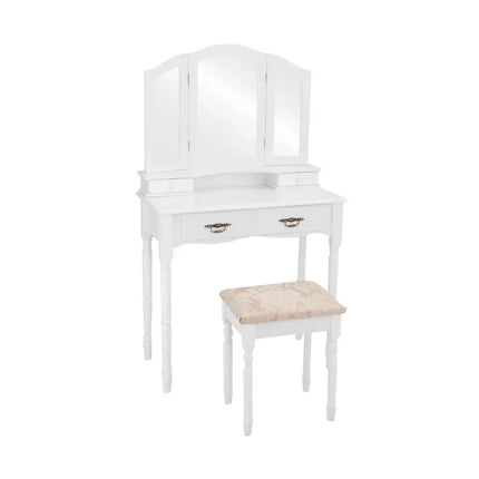Simple Vanity Set with Tri-Folding Mirror Drawers and Storage Shelf-White - White - Makeup Vanities