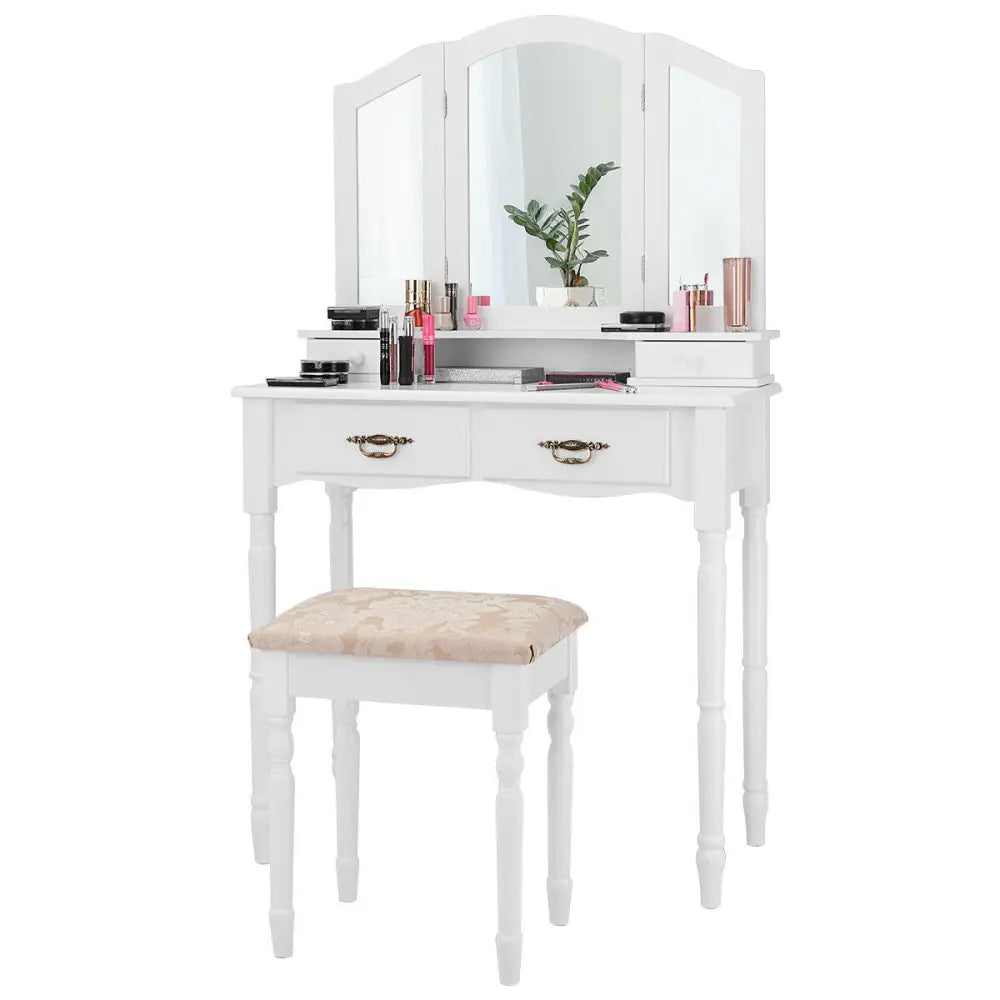 Simple Vanity Set with Tri-Folding Mirror Drawers and Storage Shelf-White - White - Makeup Vanities
