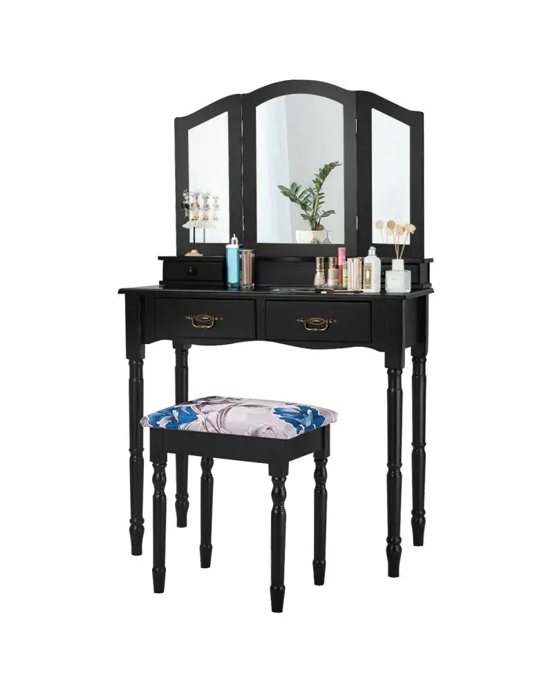 Simple Vanity Set with Tri-Folding Mirror Drawers and Storage Shelf-Black - Black - Makeup Vanities