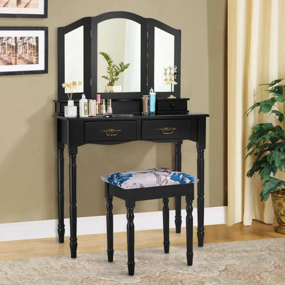 Simple Vanity Set with Tri-Folding Mirror Drawers and Storage Shelf-Black - Black - Makeup Vanities