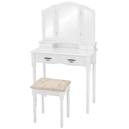 Simple Vanity Set with Tri-Folding Mirror Drawers and Storage Shelf-White - White - Makeup Vanities