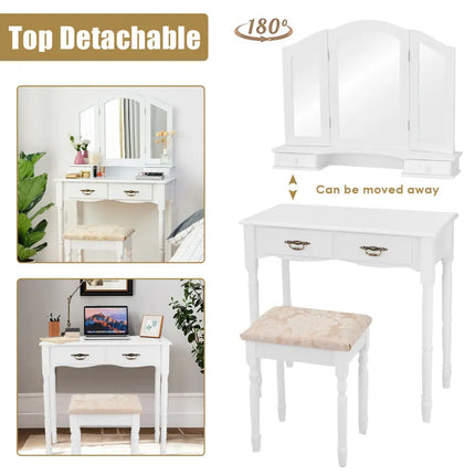 Simple Vanity Set with Tri-Folding Mirror Drawers and Storage Shelf-White - White - Makeup Vanities