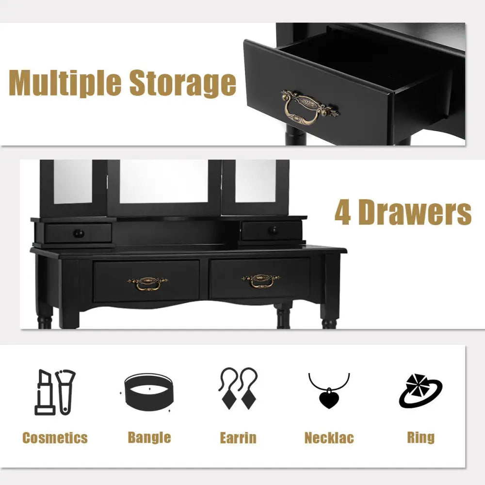 Simple Vanity Set with Tri-Folding Mirror Drawers and Storage Shelf-Black - Black - Makeup Vanities