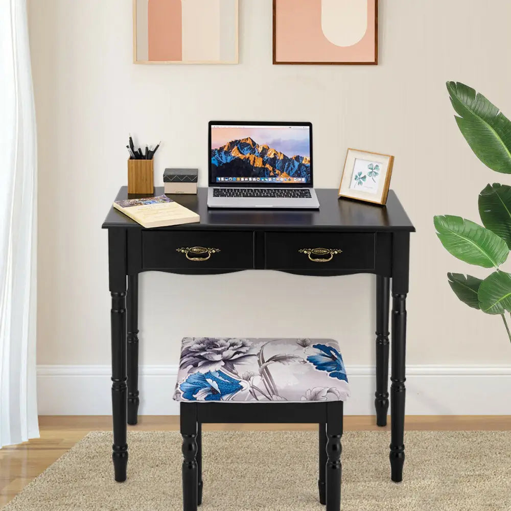 Simple Vanity Set with Tri-Folding Mirror Drawers and Storage Shelf-Black - Black - Makeup Vanities
