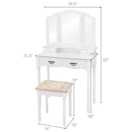 Simple Vanity Set with Tri-Folding Mirror Drawers and Storage Shelf-White - White - Makeup Vanities