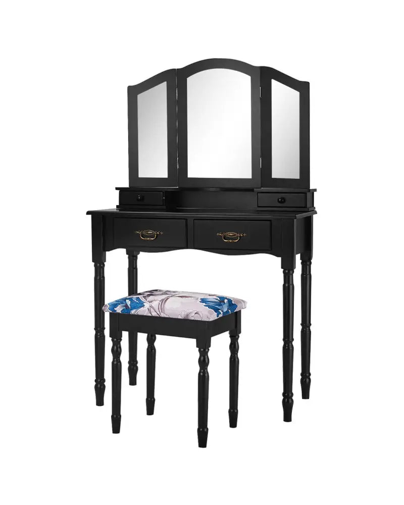 Simple Vanity Set with Tri-Folding Mirror Drawers and Storage Shelf-Black - Black - Makeup Vanities