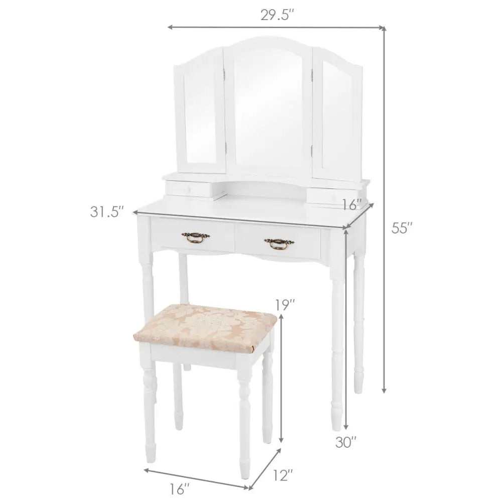Simple Vanity Set with Tri-Folding Mirror Drawers and Storage Shelf-White - White - Makeup Vanities