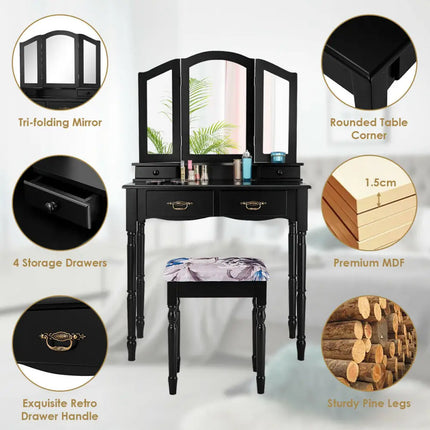 Simple Vanity Set with Tri-Folding Mirror Drawers and Storage Shelf-Black - Black - Makeup Vanities