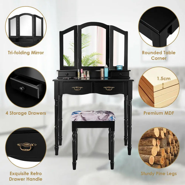 Simple Vanity Set with Tri-Folding Mirror Drawers and Storage Shelf-Black - Black - Makeup Vanities