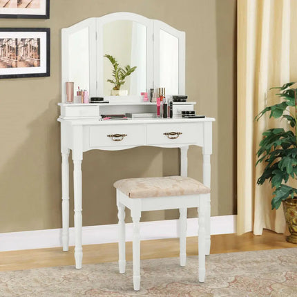Simple Vanity Set with Tri-Folding Mirror Drawers and Storage Shelf-White - White - Makeup Vanities