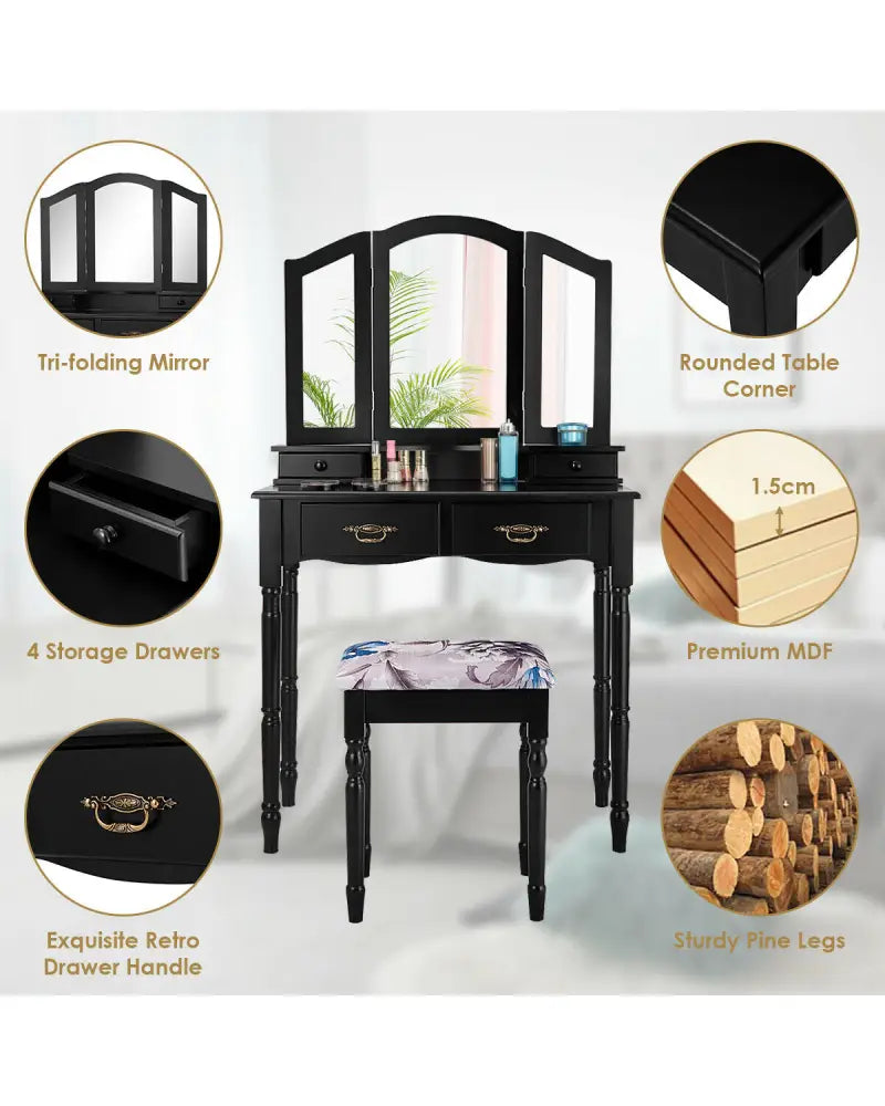 Simple Vanity Set with Tri-Folding Mirror Drawers and Storage Shelf-Black - Black - Makeup Vanities