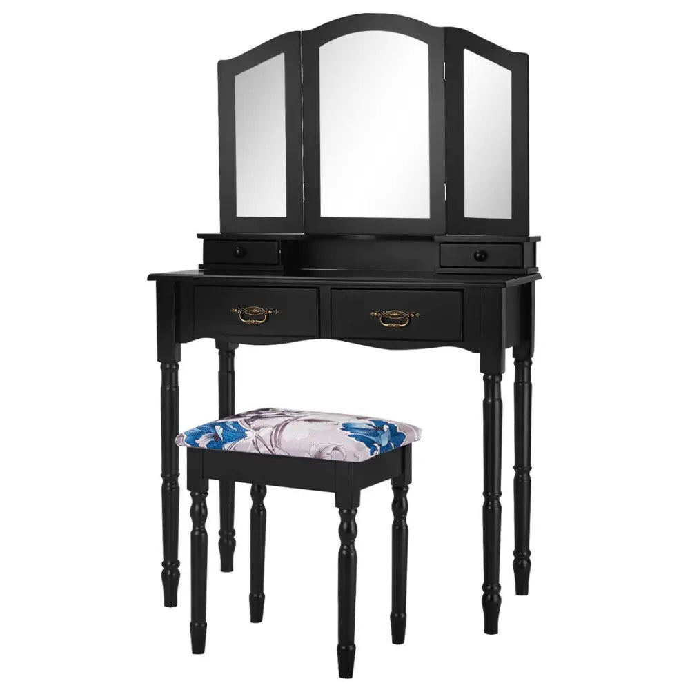 Simple Vanity Set with Tri-Folding Mirror Drawers and Storage Shelf-Black - Black - Makeup Vanities