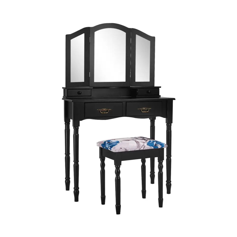 Simple Vanity Set with Tri-Folding Mirror Drawers and Storage Shelf-Black - Black - Makeup Vanities