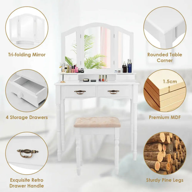 Simple Vanity Set with Tri-Folding Mirror Drawers and Storage Shelf-White - White - Makeup Vanities