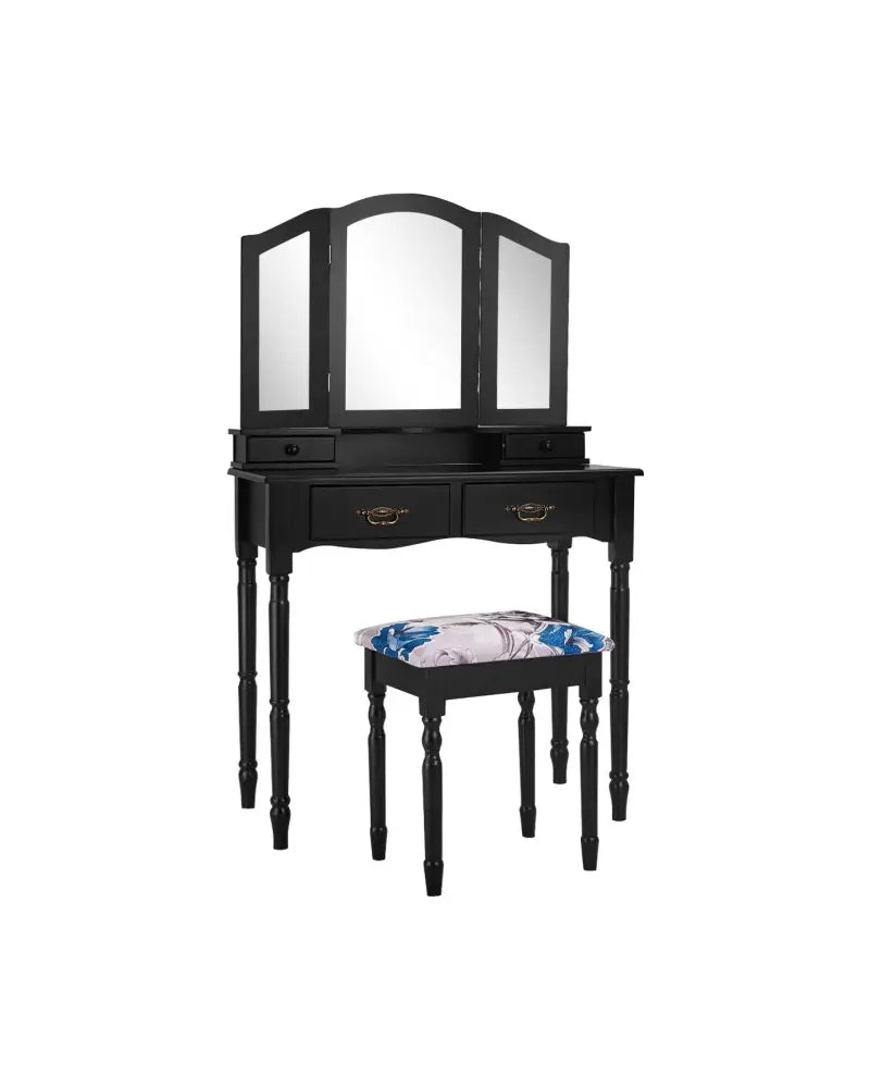 Simple Vanity Set with Tri-Folding Mirror Drawers and Storage Shelf-Black - Black - Makeup Vanities