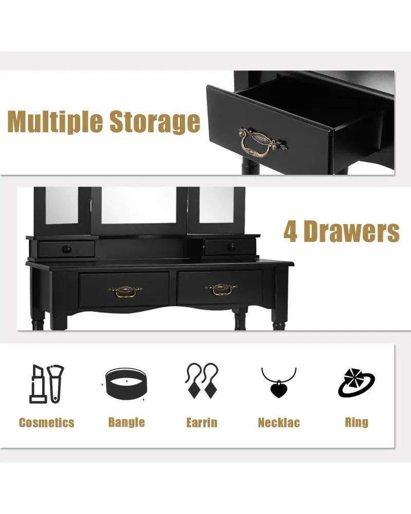 Simple Vanity Set with Tri-Folding Mirror Drawers and Storage Shelf-Black - Black - Makeup Vanities