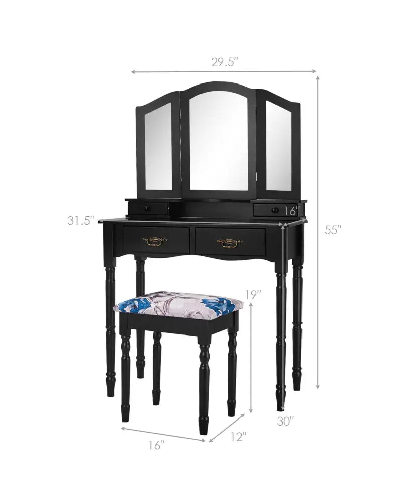 Simple Vanity Set with Tri-Folding Mirror Drawers and Storage Shelf-Black - Black - Makeup Vanities