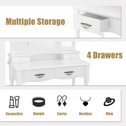 Simple Vanity Set with Tri-Folding Mirror Drawers and Storage Shelf-White - White - Makeup Vanities