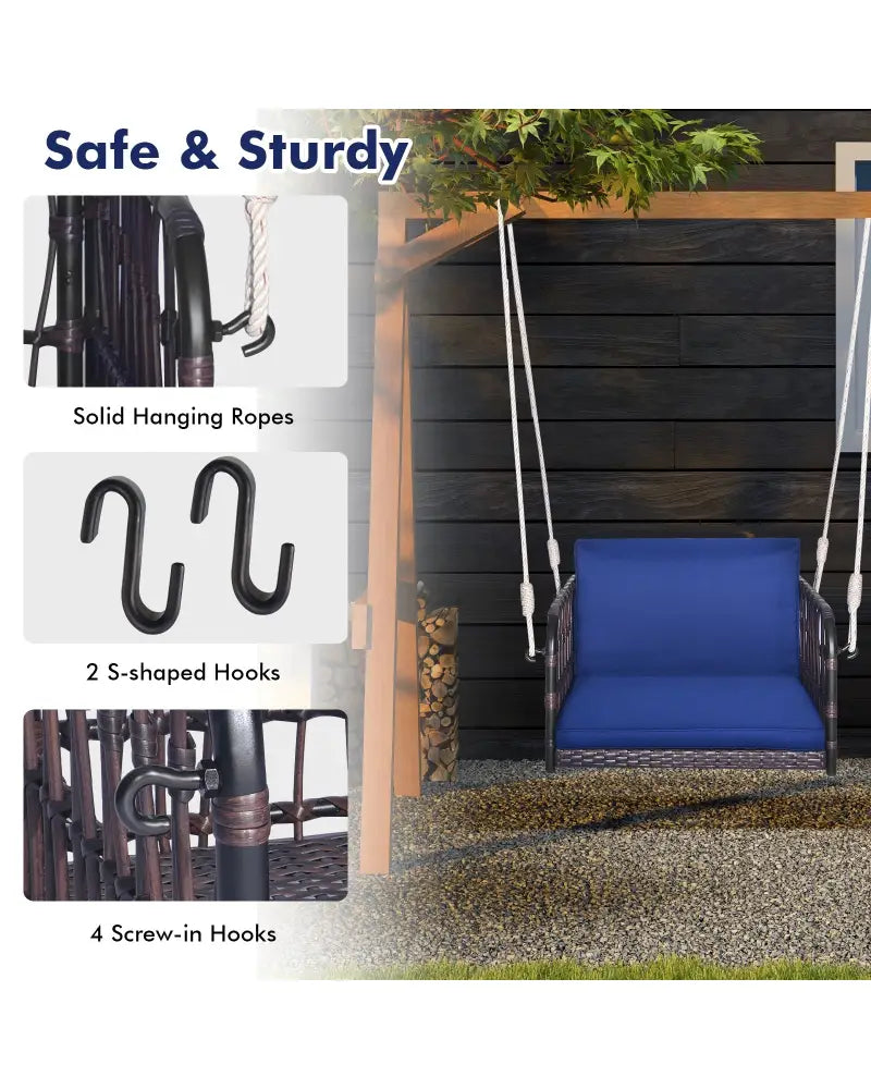 Single Person Hanging Seat with Seat and Back Cushions-Navy - Navy - Patio Rocking Chairs & Gliders