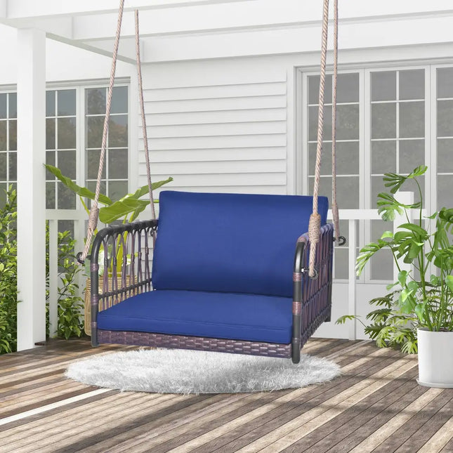 Single Person Hanging Seat with Seat and Back Cushions-Navy - Navy - Patio Rocking Chairs & Gliders