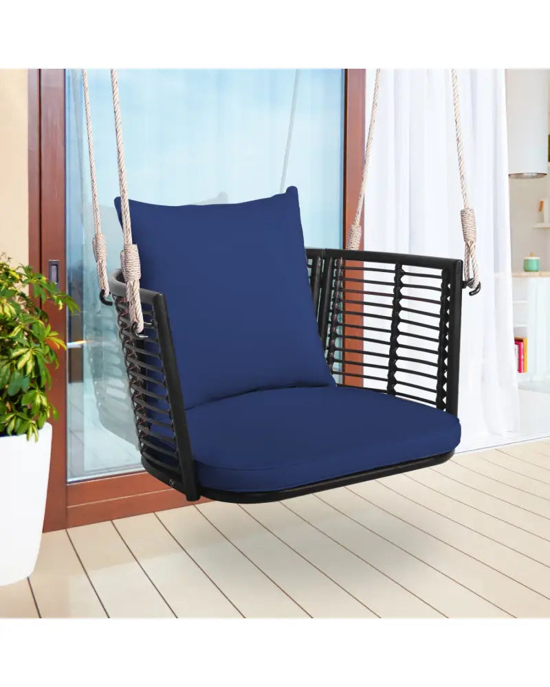 Single Person Hanging Seat with Woven Rattan Backrest for Backyard-Blue - Blue - Porch Swings