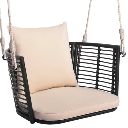 Single Person Hanging Seat with Woven Rattan Backrest for Backyard-Beige - Beige - Patio Rocking Chairs & Gliders